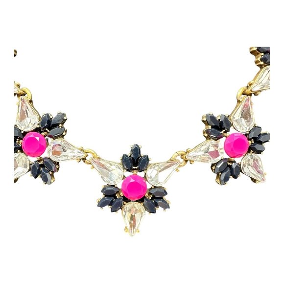 J.Crew Floral Flower Cluster Statement Necklace Pink Black Adjustable Gold Tone - Picture 2 of 11